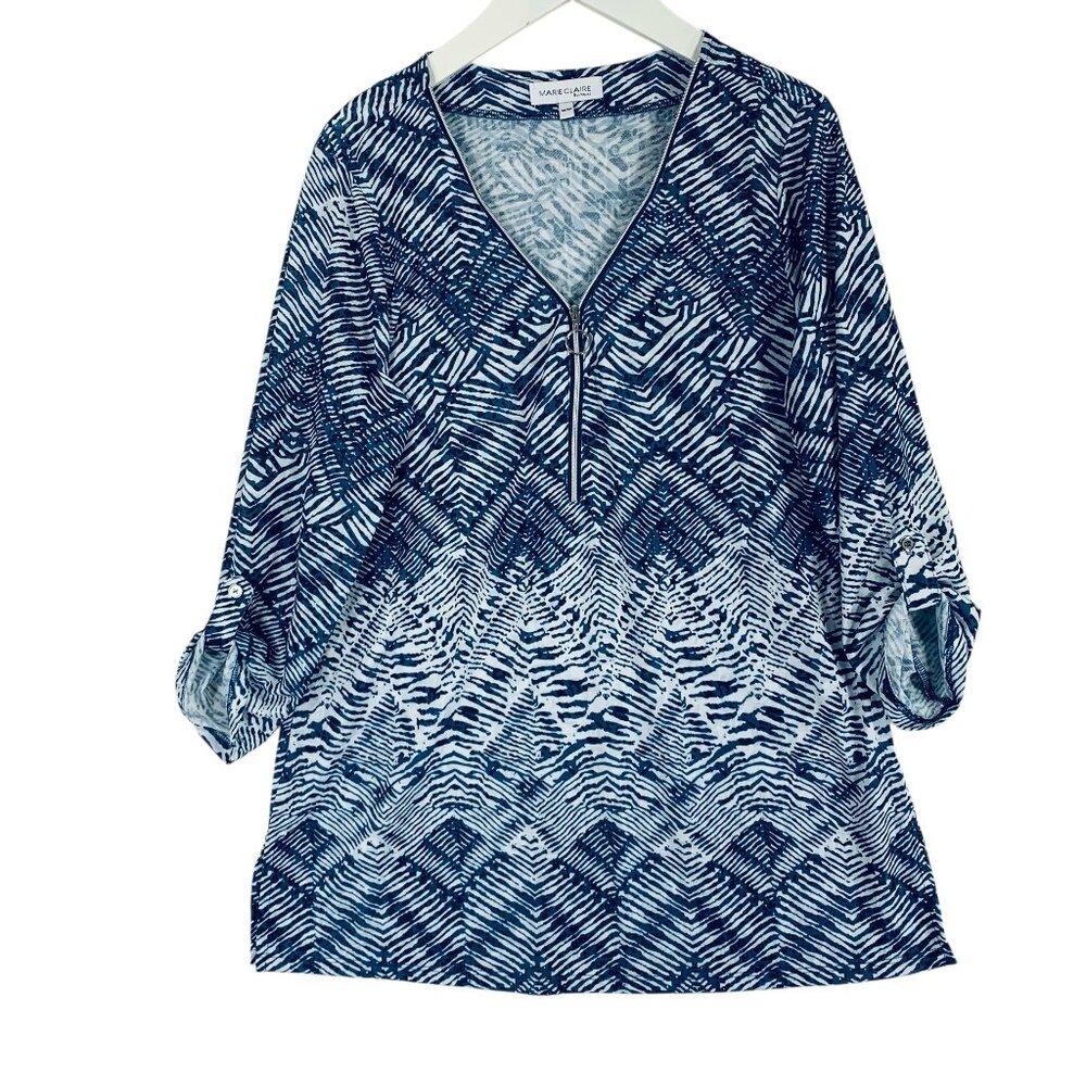 v- neck zipper collar 3/4 sleeve t-shirt top  blouse size med Marie Claire